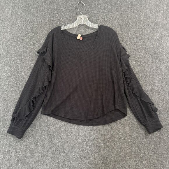 Pilcro Tops - Pilcro Shirt Women's Medium Black Waffle Knit Ruffle Sleeve V Neck Top Blouse